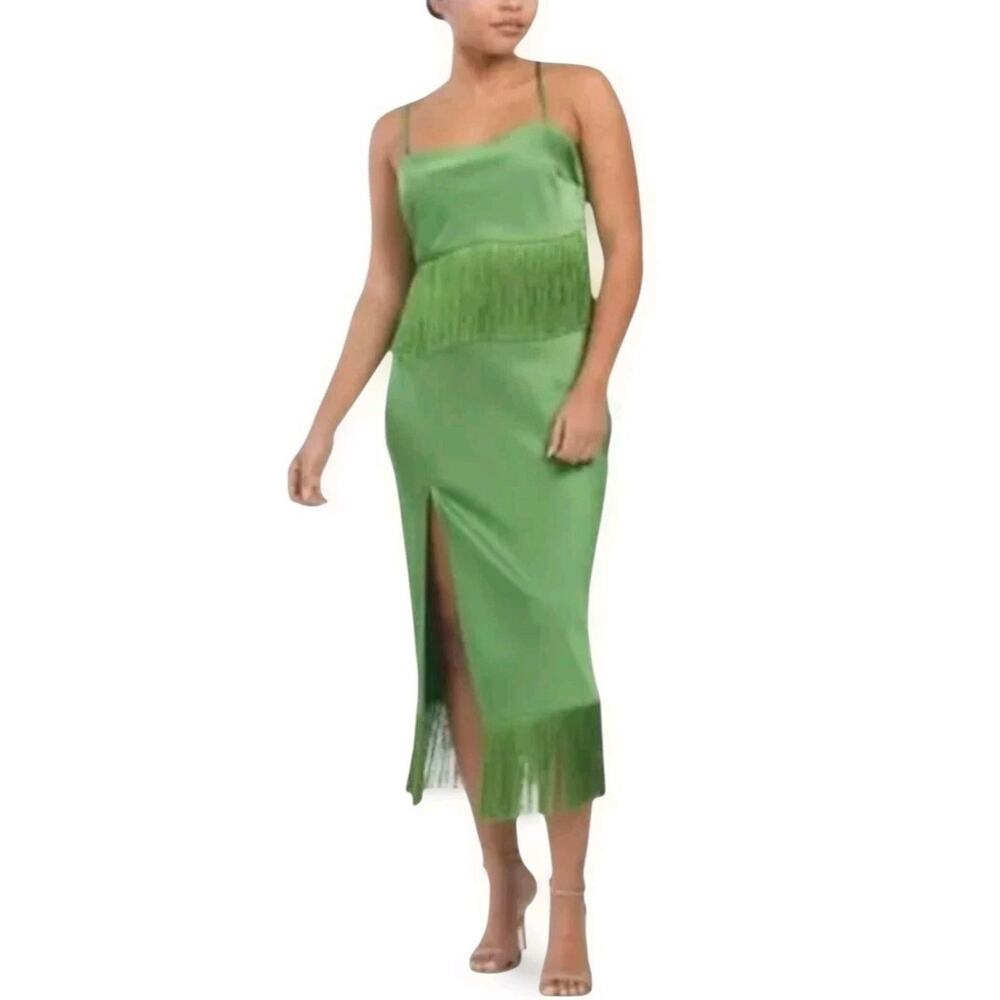 House of Harlow 1960 Green Satin Fringe Hem Cropped Cami & Skirt Set Small S